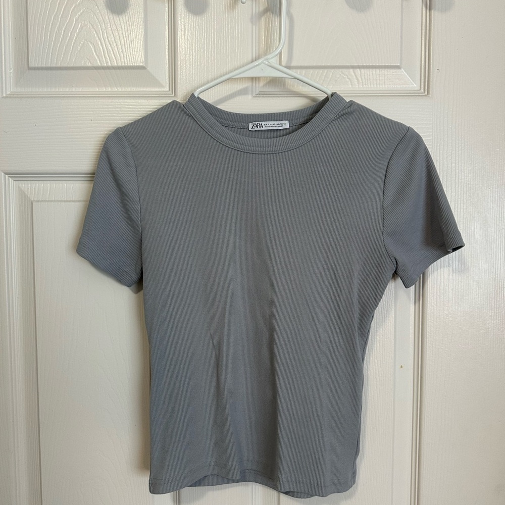 Zara Basic Grey Ribbed Short Sleeve Tee